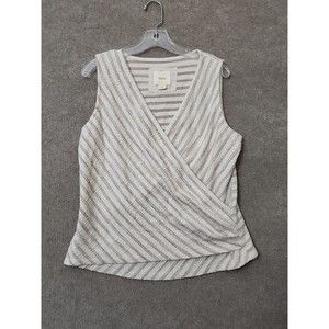 Anthropologie Maeve Womens Top Large Beige White Stripe Boucle Surplice Tank
